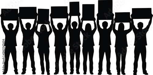 Silhouettes of people holding up boxes in protest