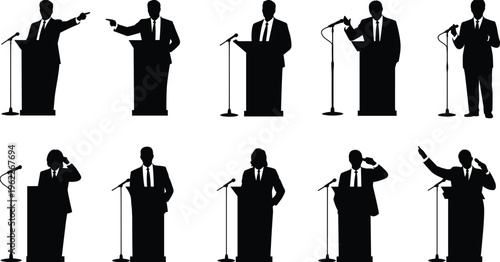 Silhouettes of men in suits speaking at podiums with various gestures and postures microphones