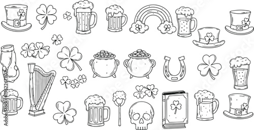 Saint Patrick's Day Doodle Icons Set: Hats Beer Clovers Rainbow Harp Horseshoe Pot of Gold Book Skull