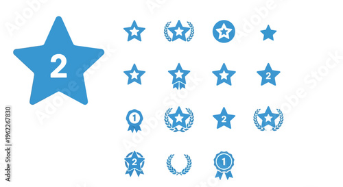 Set of blue star-shaped icons for ranking, ratings, and awards on a clean white background