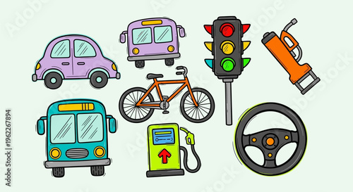 Collection of hand drawn transportation elements and road safety items.