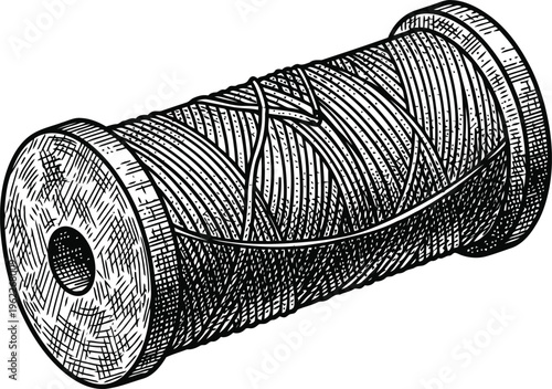 Spool of Thread Wound Tightly with Textured Lines and Grooves Close-Up Detail Vintage Engraving Style