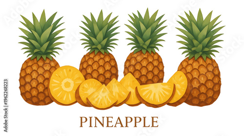 Set of fresh ripe pineapple fruits isolated on white background