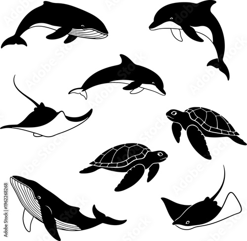 Black silhouettes of various sea creatures