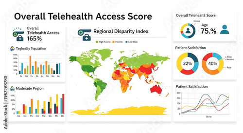 A vector graphic illustrating a global telehealth access score with various charts and a world map