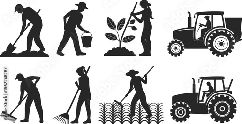 Silhouettes of people farming and using agricultural machinery on a white background agriculture tractor