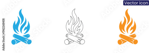 Vector icons of campfires with different colored flames on white background, ideal for camping, outdoor, or fire concepts