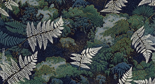 Elegant dark botanical seamless pattern with silver ferns and lush foliage on navy