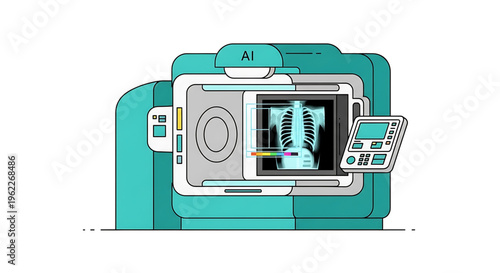 A vector graphic illustration of a modern medical X-ray machine with AI technology