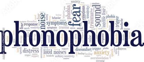 Fear Of Sound: Phonophobia word cloud conceptual design isolated on white background.