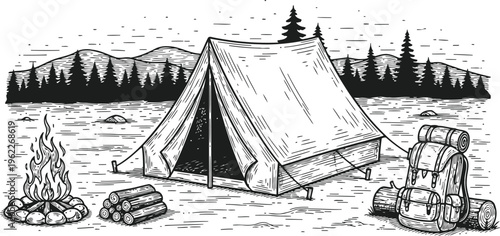 Vintage Canvas Tent Setup with Campfire Logs and Backpack in Forest Landscape Hand-Drawn Sketch Style