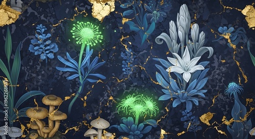 Enchanted botanical pattern with glowing flowers mushrooms and gold marble texture