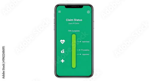 A smartphone displaying a green claim status screen with a progress bar