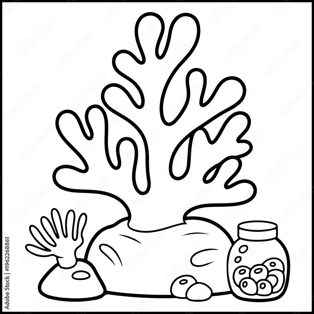 Fototapeta premium Hand drawn ocean waves and jar with seashells comfy coloring page vector illustration
