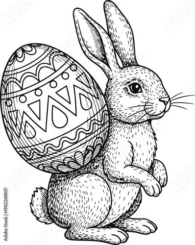 Whimsical Bunny Rolling with Decorated Easter Egg Hand-Drawn Sketch Style Festive Spring Celebration
