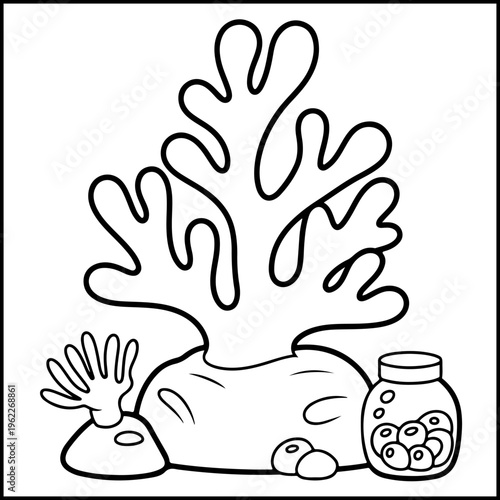 Hand drawn ocean waves and jar with seashells comfy coloring page vector illustration