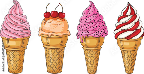 Set of Ice Cream Cones with Pink, Cherry, and Swirled Flavors for Dessert, Sweet Treat, and Summer Designs