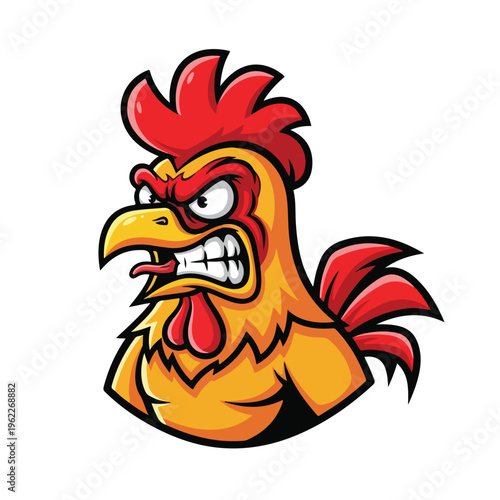 A cartoon angry rooster mascot with a fierce expression and vibrant red comb, symbolizing esport aggression on a white background