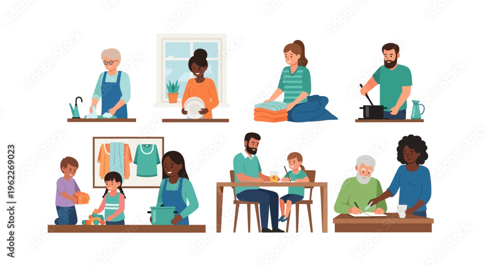 Fototapeta premium Diverse People Engaging in Daily Household Chores, Family Activities, and Caregiving. Vector Illustration Set of Domestic Life and Home Responsibilities.
