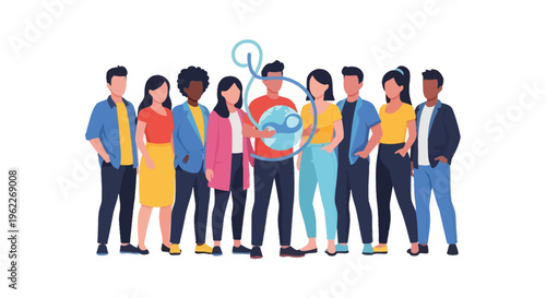 Diverse Global Team Collaboration & Digital Search Concept. Multicultural Community Connecting and Discovering Opportunities.