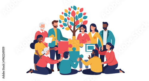 Diverse Team Collaboration: Puzzle Pieces Uniting for Growth, Innovation, and Community Development