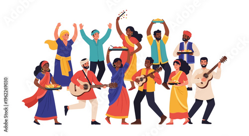 Vibrant Indian Festival Celebration: Diverse People Dancing, Playing Music, and Enjoying Traditional Food. South Asian Community Event.