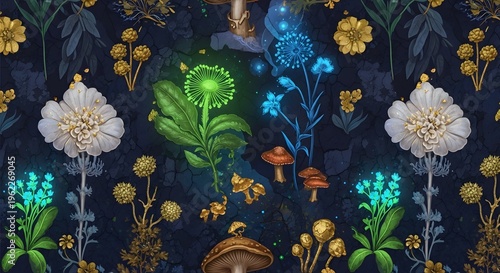Enchanted forest seamless pattern with glowing flowers mushrooms and gold details