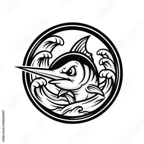 A black and white illustration of an angry marlin logo with waves, featuring a menacing fish head in a circular frame