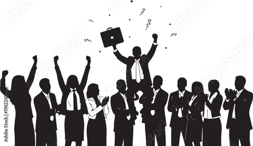 Business success, celebration, team victory, black silhouette icons