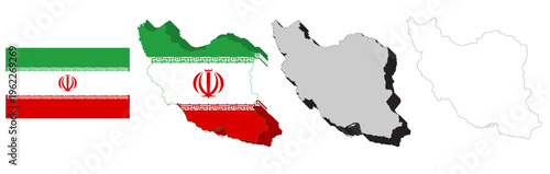 Set of vector icons of the flag and map of Iran. Detailed silhouette map of Iran. 3D isometric silhouette of the map of Iran. Illustration.
