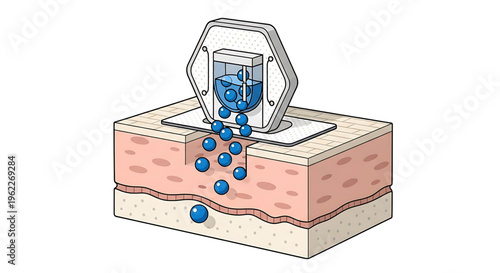 A vector graphic illustration of a medical device injecting blue particles into the skin layers.