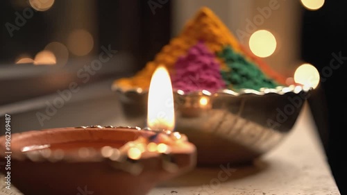 A clay lamp burns brightly beside a bowl filled with vibrant colored powders, creating a festive atmosphere. The warm glow enhances the joyful spirit of the celebration, highlighting cultural traditio