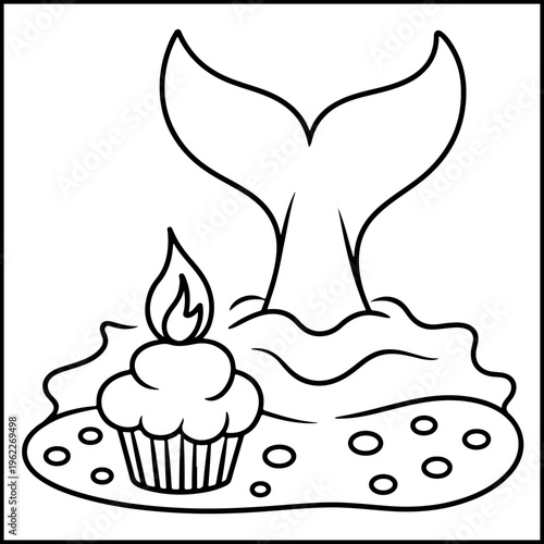 Whale and cupcake relaxing by candlelight ocean waves flat design coloring page vector illustration