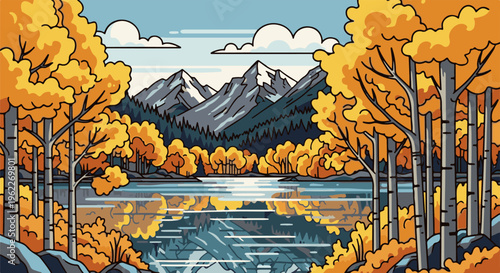 Autumnal scene with mountains reflected in a calm lake, surrounded by golden trees