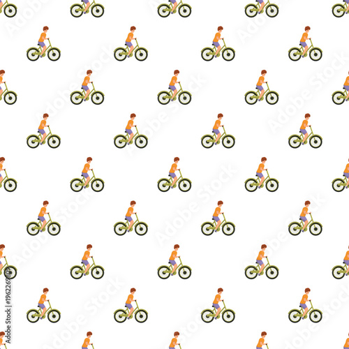 Cyclists riding bicycles in a seamless pattern promoting transport, health, and sport