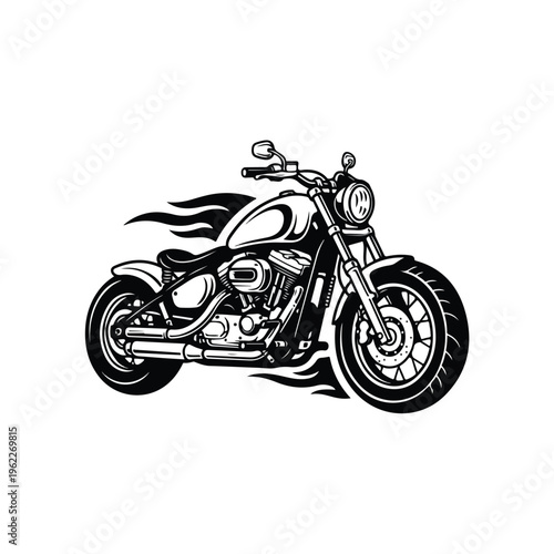 A stylized black and white illustration of a moto bobber motorcycle with a bold logo, showcasing sleek lines and a minimalist design on a clean white background