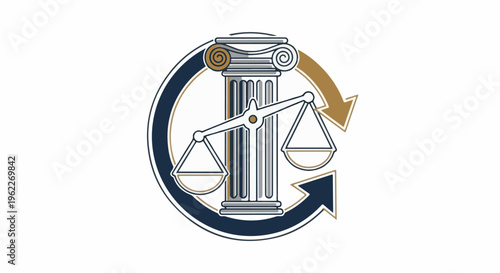 Balanced scales on column with circular arrow symbol