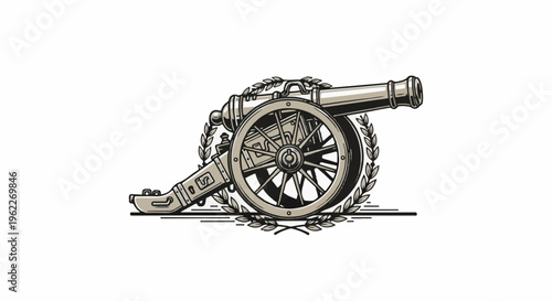 Antique cannon with laurel wreath emblem