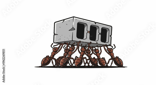 Ants working together carry a concrete block on white background