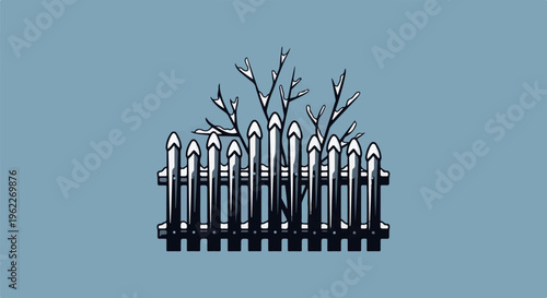 Bare branches with snow covered tops above a picket fence