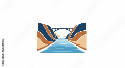 Arch bridge spans a river canyon with layered rock formations