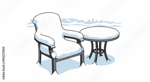 Armchair and round table covered in snow, simple illustration style