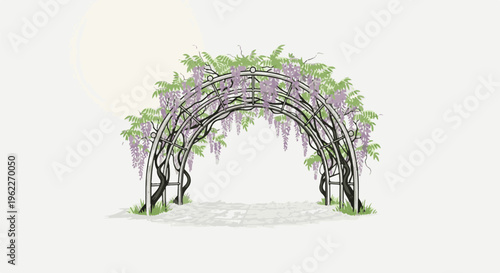 An arched garden arbor draped with lush green leaves and delicate purple wisteria blooms