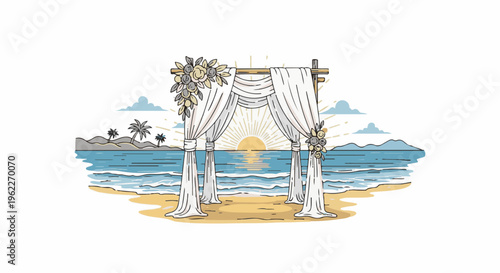 Beach wedding arch draped with white fabric, overlooking ocean sunset
