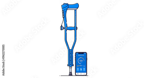 A blue smart crutch with a smartphone displaying a fitness app on a white background