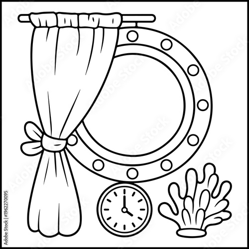 Horse head horseshoe clock hand drawn comfy ocean coloring page vector illustration flat design