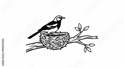 Bird on nest perched on a branch with leaves