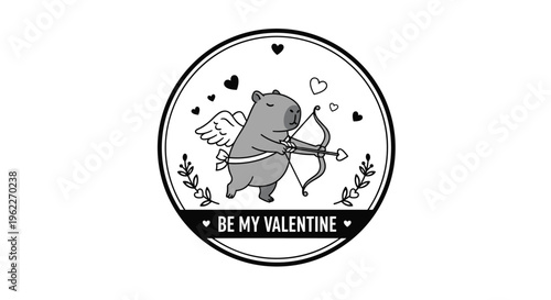 Adorable black and white valentine badge featuring a cute capybara cupid with a bow and arrow and hearts.