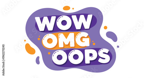 Vibrant and playful wow omg oops text design in bubbly fonts with colorful abstract spots and a purple background.