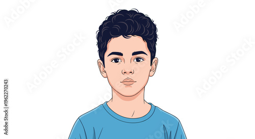 Realistic digital portrait of a handsome young boy with curly dark hair and expressive eyes on a clean white background.